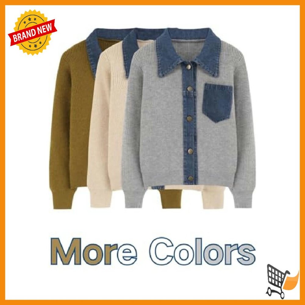 Long Sleeve Knitted Denim Patchwork Cardigan Swea… - image 7